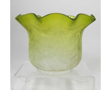 A green glass oil lamp shade, with frilled edge, 14cm highDirty but appears top be ok. Some vbery light signs of age and fine