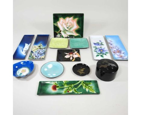 A collection of enamel items, some bearing labels for Tutanka and Ando cloisonne, to include a green dish, 15 x 18cm