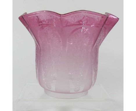 A pink oil lamp shade, with etched decoration, 18cm highDirty with light surface marks.