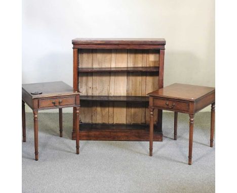 A pair of reproduction mahogany bedside tables, together with a stained pine bookcase and a firescreen with map decoration (4