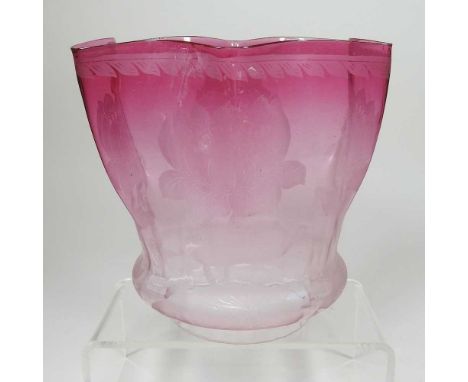A large pink etched glass oil lamp shade, 18cm highDirty with light surface marks. Some small chips around the rim at the bas