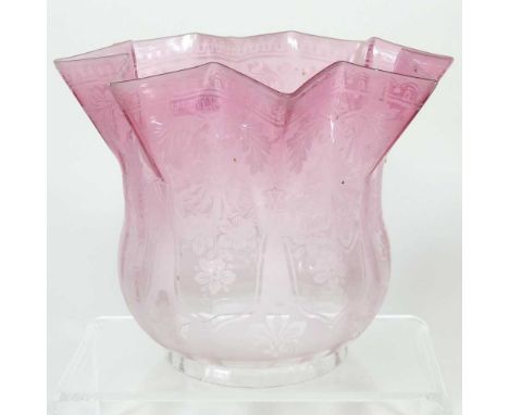 A pink etched glass oil lamp shade, 16cm highDirty with some paint in places and slight wear to the etched decoration, most n