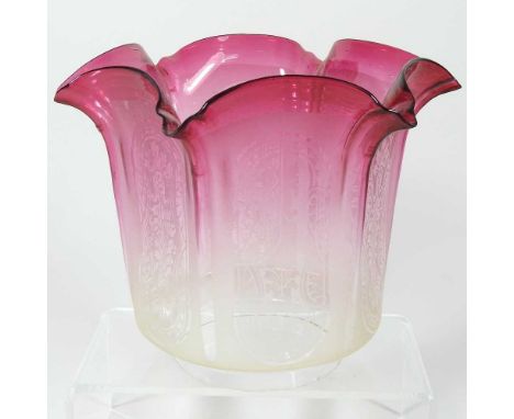 A pink etched glass oil lamp shadeDirty. Some slight chips/wear to some of the edges at the tip of the points. The collar aro