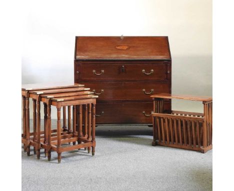 An Edwardian inlaid bureau, 92cm wide, together with an Indian hardwood nest of tables, a magazine rack and a tapestry fire s