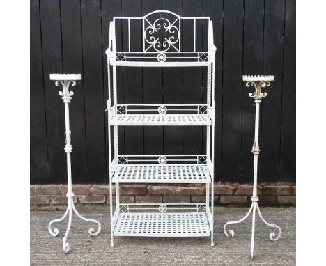 A cream painted metal shelf, together with a pair of torcheres (3)65w x 37d x 149h cm