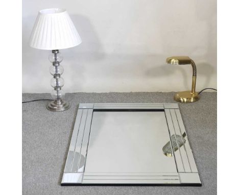 A modern sectional wall mirror, 120 x 80cm, together with a glass table lamp and shade and a metal desk lamp