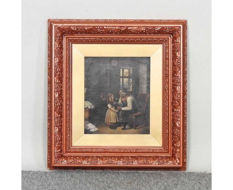 English school, 19th century, cottage interior scene, oil on canvas, initialed H R, 24 x 21cm