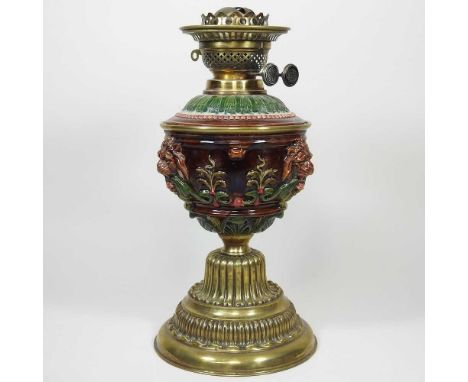 A majolica and brass oil lamp base, 36cm highOverall appears to be complete and undamaged, but is dirty. The wick moves ok. T