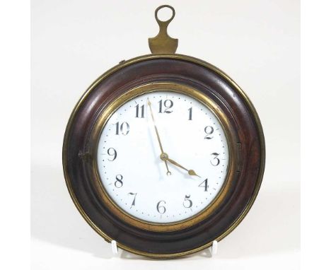 An early 20th century French wall clock, with a painted dial and brass mounted mahogany surround, 15cm diameter