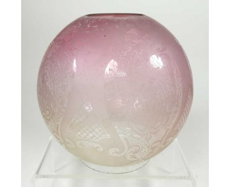 A pink glass oil lamp shade, 19cm highOverall dirty, with light surface marks. Has a rough edge to the top and small chips ar