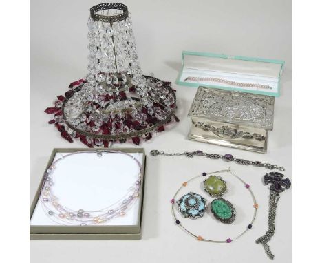 A collection of Celtic design costume jewellery, together with a silver plated box and a small chandelier