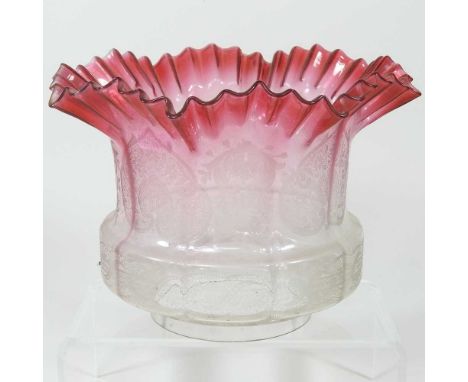 A pink etched glass oil lamp shade, with a frilled rim, 16cm highVery dirty, but from what we can see it has some very light 