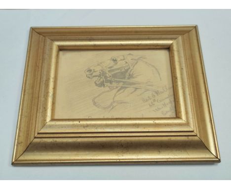 WW1 Canadian 46th Battalion framed pencil sketch of a horse titled "Dans Le Battaille". Indistinctly signed to bottom right h