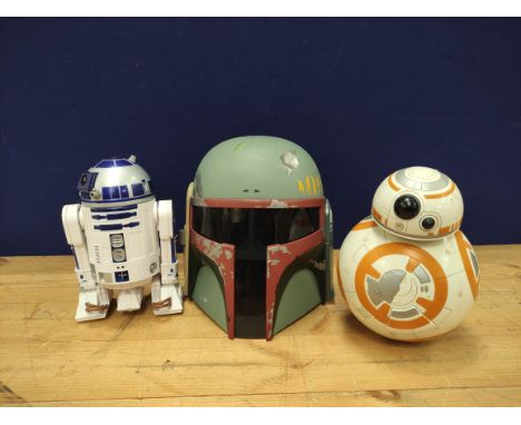 Star Wars - 2009 Hasbro C-2528A Boba Fett distressed helmet (lacking range fighter), BB8 remote controlled droid (lacking rem