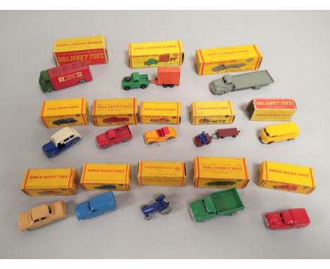 Thirteen boxed Dinky Dublo model die cast vehicles including Land Rover and Horse Trailer 073, Bedford Flat Truck 066, A.E.C.