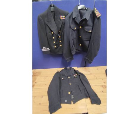 Three Royal Navy officer's tunics, one with sleeve patch for Lieutenant and WWII campaign medal ribbons. (3) 