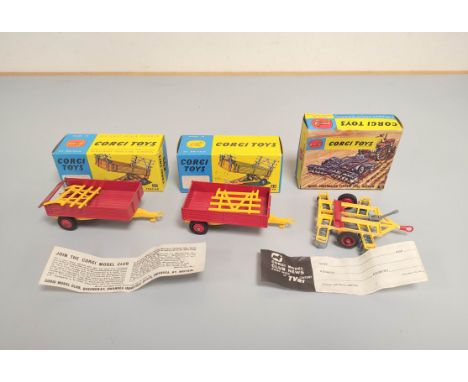 Corgi Toys- Three boxed agricultural implements to include Wheel Controlled Disc Harrow no 71, &amp; two Farm Tipper Trailers