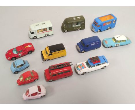 Twelve Corgi toy die cast model cars including Smiths Karrier Van 407, Karrier Shop 407, Smiths Karrier Van U.S. Field Kitche