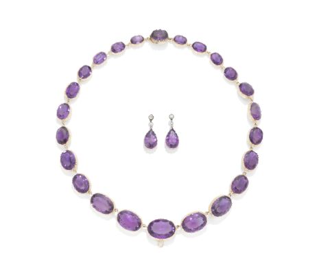 AMETHYST RIVIÈRE NECKLACE AND PENDENT EARRING SUITE, 19TH CENTURY1st: The graduation of oval-cut amethysts in pinched collet 