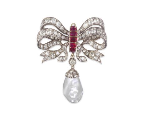 DIAMOND, RUBY AND NATURAL PEARL BOW BROOCH/PENDANT, MID 19TH CENTURYThe openwork ribbon bow with fluttering tails, set throug