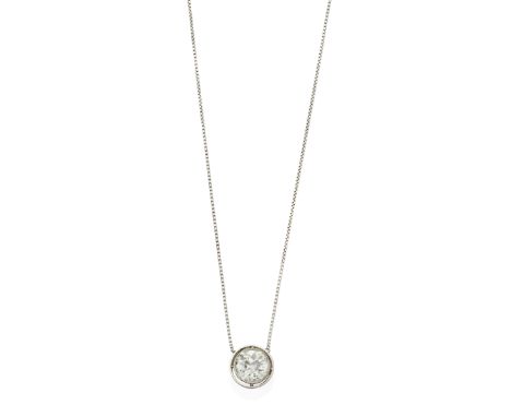 DIAMOND PENDANT NECKLACE, CIRCA 1910The old brilliant-cut diamond, weighing approximately 7.90 carats, collet-set in a circul