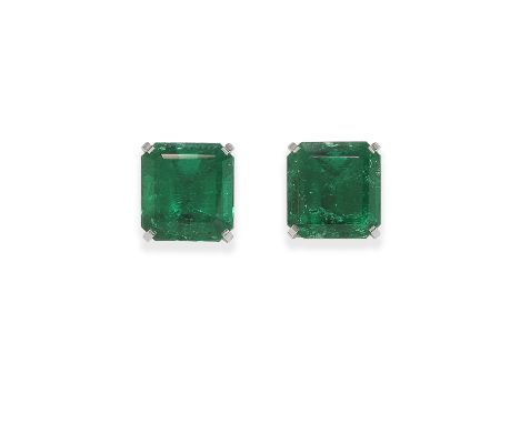 MOUNTED BY CARTIER: PAIR OF EMERALD SINGLE-STONE EARSTUDSEach step-cut emerald within a four-claw setting,  signed Monture Ca