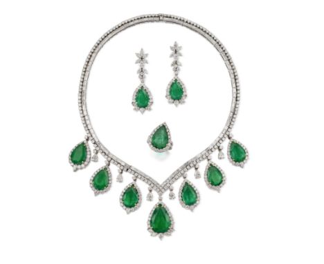 EMERALD AND DIAMOND NECKLACE, RING AND EARRING SUITEThe necklace set with baguette-cut and round brilliant-cut diamonds, susp