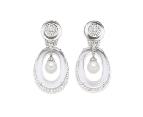 DAVID WEBB: ROCK CRYSTAL, CULTURED PEARL AND DIAMOND PENDENT EARRINGSEach 11.5mm cultured pearl and brilliant-cut diamond dro