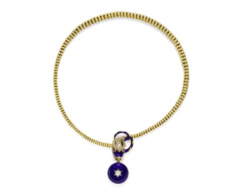 ENAMEL, DIAMOND AND RUBY SERPENT NECKLACE, CIRCA 1840The clasp designed as the head of a serpent, with Royal blue enamel deco