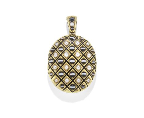 BANDED AGATE AND PEARL LOCKET, CIRCA 1870The cover decorated with a lattice of black enamel, accented by banded agate cabocho