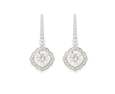 GRAFF: DIAMOND DROP EARRINGSEach brilliant-cut diamond, weighing approximately 1.90 and 1.85cts, within a quatrefoil surround