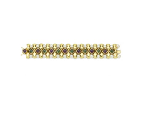VASARI: CULTURED PEARL AND GEM-SET BRACELET, CIRCA 1990The polished geometric fancy-links, set with an alternating series of 