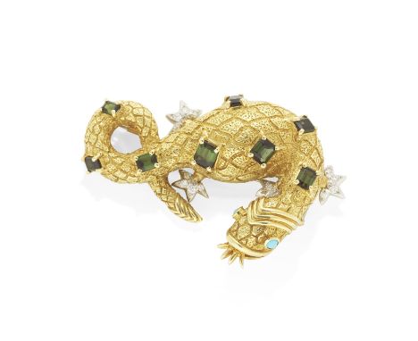 SCHLUMBERGER FOR TIFFANY &amp; CO: GEM-SET SALAMANDER BROOCH, CIRCA 1960The stylised salamander with textured decoration, set