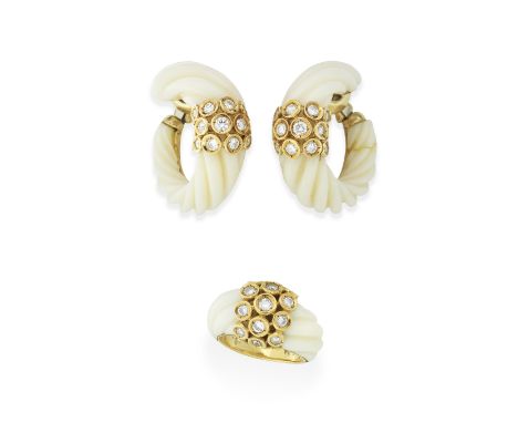 VAN CLEEF &amp; ARPELS: WHITE CORAL AND DIAMOND RING AND EARRING SUITE, CIRCA 1970Each mounted with carved fluted white coral