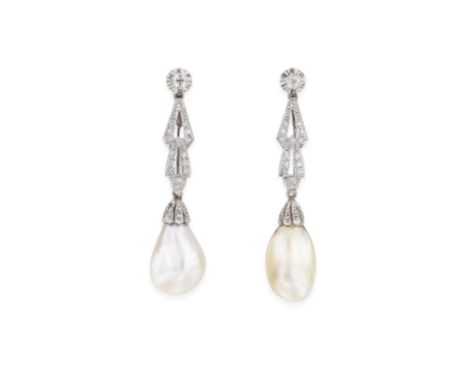 NATURAL PEARL AND DIAMOND PENDENT EARRINGSEach natural pearl drop, suspended from an illusion-set cushion-shaped or old brill