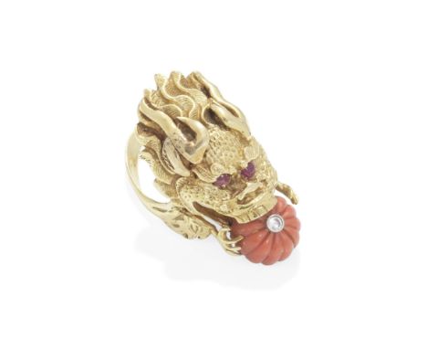 VAN CLEEF &amp; ARPELS, GEM-SET RING, CIRCA 1970Designed as a stylised dragon's head with flaming mane, clutching a diamond-s