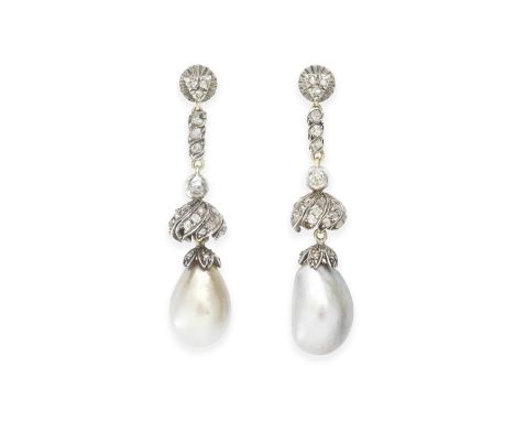 NATURAL PEARL AND DIAMOND EARRINGSEach drop-shaped pearl suspending from a line of old cushion-shaped diamond-set links, via 