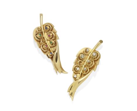 BOIVIN: PAIR OF DIAMOND AND GEM-SET LEAF BROOCHES, CIRCA 1938Each applied with wirework scrolls heightened by old brilliant c