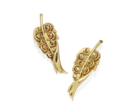 BOIVIN: PAIR OF DIAMOND AND GEM-SET LEAF BROOCHES, CIRCA 1938Each applied with wirework scrolls heightened by old brilliant c