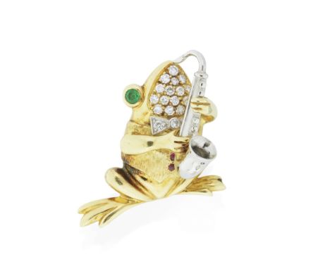 E WOLFE &amp; CO: GEM-SET FROG BROOCH, 1990The anthropomorphised frog wearing a bow tie and playing the saxophone, pavé-set w