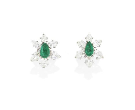 PAIR OF EMERALD AND DIAMOND EARRINGS, MID-2OTH CENTURYEach pear-shaped emerald, weighing 1.47 carats and 1.69 carats, within 