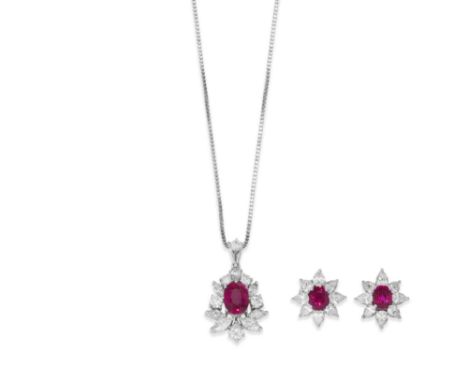 RUBY AND DIAMOND PENDANT AND EARRING SUITECentrally set with a cushion-shaped ruby, weighing 2.65 carats, within a pear, marq