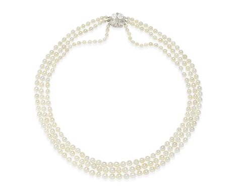 NATURAL PEARL AND DIAMOND NECKLACE, EARLY 20TH CENTURYThe three rows of 233 natural pearls, measuring between 3.3 - 5.1mm, th