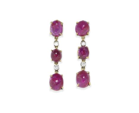 RUBY AND DIAMOND EARRINGSThe articulated drops alternately-set with cabochon-cut rubies and brilliant-cut diamonds, length 4.