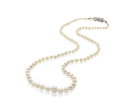 NATURAL PEARL NECKLACEThe single strand of 99 natural pearls graduating in size towards the centre, with a brilliant-cut diam