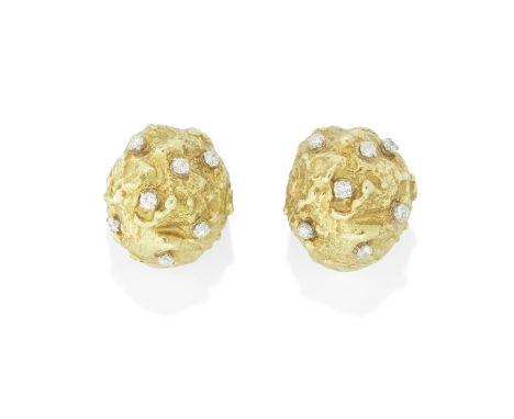DAVID WEBB: DIAMOND-SET EARCLIPS, CIRCA 1960Each textured bombé mount encrusted with brilliant-cut diamonds, signed Webb,  di