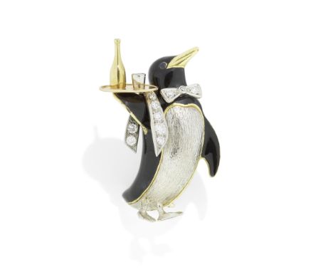 E. WOLFE &amp; CO: ENAMEL AND GEM-SET PENGUIN BROOCH, 2021The anthropomorphised penguin wearing a bow-tie and carrying a drin