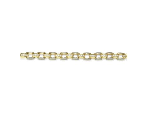DE VROOMEN: ENAMEL AND DIAMOND BRACELET, 2013The articulating links decorated with oyster grey guilloché enamel, with a centr