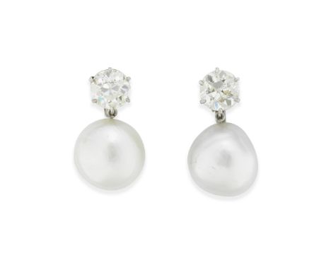 NATURAL PEARL AND DIAMOND PENDENT EARCLIPSEach 12.8mm x 17.4mm natural pearl or 11.3mm x 16.9mm natural blister pearl, surmou