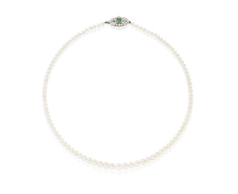 NATURAL PEARL, EMERALD AND DIAMOND NECKLACE, CIRCA 1920The single strand composed of 87 natural pearls, graduating in size to